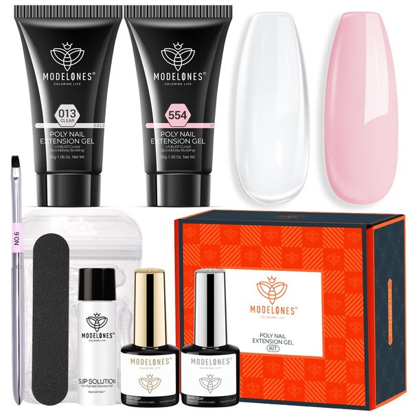 Modelones Poly Nail Gel Kit 30ML 2 Colors Clear Nude Pink Poly Extension Gel With Slip Solution Builder Enhancement Starter Nail Kit Nail Technician French Nail Art Kit DIY Home