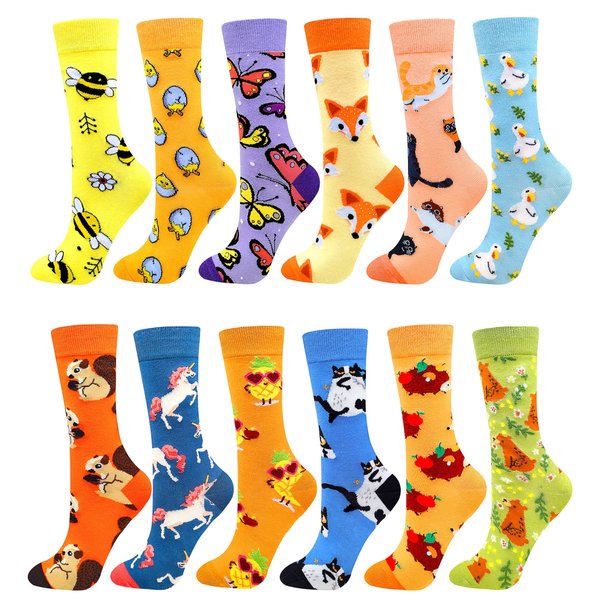 Fasefunn Women's Fun Socks Colorful Funny Novelty Crazy Animal Patterned Socks Crew, Premium Cotton, Size 6-11, 12 Pairs031201