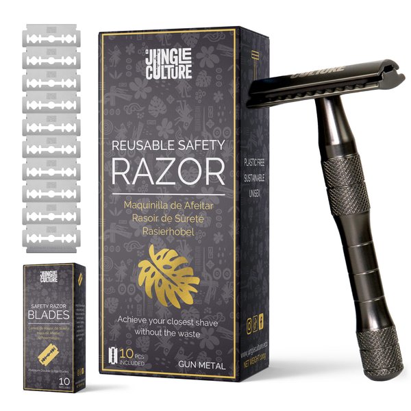 JUNGLE CULTURE Black Mens Safety Razor with 10 Double Edge Blades • Single Blade Razors for Men & Women • Men’s Safety Shaving Razors • Reusable & Plastic Free • US/UK Company