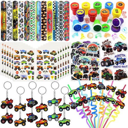 Monster Truck Party Favors Set - 110 PCS Truck Theme Slap Bracelets Keychains Tattoo Stickers Drinking Straws Party Goodie Pinata for Boys Birthday Supplies