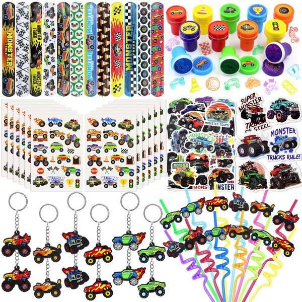 Monster Truck Party Favors Set - 110 PCS Truck Theme Slap Bracelets Keychains Tattoo Stickers Drinking Straws Party Goodie Pinata for Boys Birthday Supplies