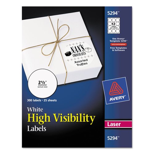 Avery High Visibility Printable Round Labels with Sure Feed, 2.5" Diameter, White, 300 Customizable Blank Labels Total (5294)