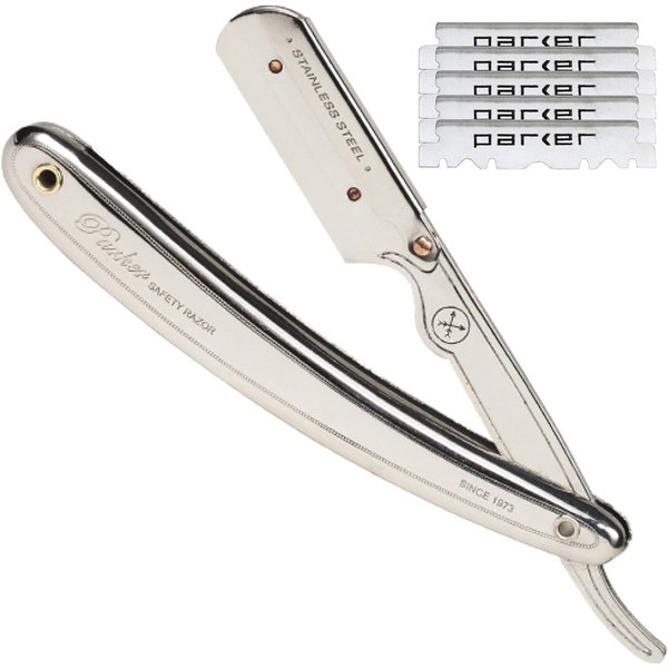 Parker PTW Push Type Blade Load Professional Straight Edge Barber / Shavette Razor with Stainless Steel Blade Arm and 5 Parker Premium Platinum Blades