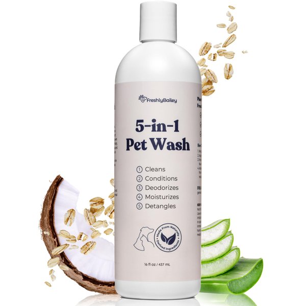 Freshly Bailey Dog Shampoo & Conditioner - 5-in-1 Pet Wash for Dogs & Cats - Cleans, Deodorizes, Conditions, Detangles, & Moisturizes - Natural Ingredients Perfect for Sensitive Skin - 16 FL Oz