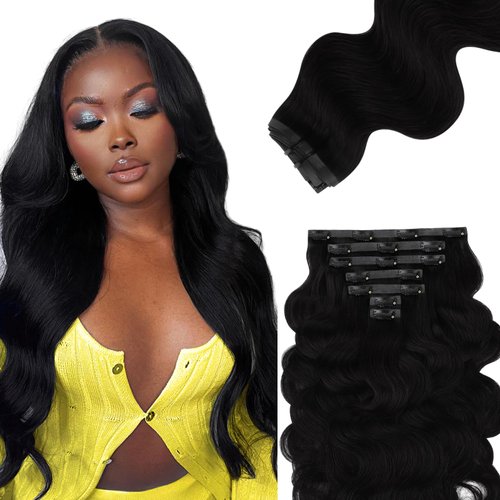 IDN BEAUTY Seamless Clip In Hair Extensions Human Hair Jet Black Real Remy Virgin Human Hair Seamless Clip Ins For Black Women PU Weft Invisible Edge Thick Soft Hair BW 110g 14 Inches