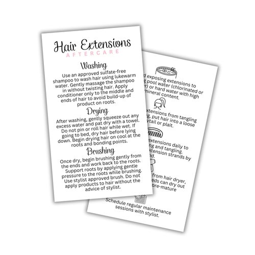 Hair Extension Aftercare Care Instruction Card | 50 pk 2x3.5” inches Do’s and Don’ts of Extensions Supplies Cosmetologist Human Hair Synthetic Hair Extensions How to Care For Client Card