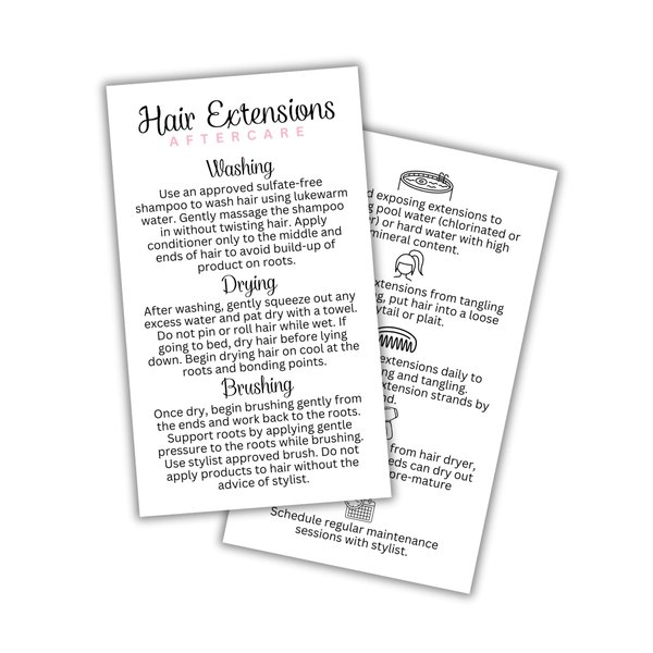 Hair Extension Aftercare Care Instruction Card | 50 pk 2x3.5” inches Do’s and Don’ts of Extensions Supplies Cosmetologist Human Hair Synthetic Hair Extensions How to Care For Client Card