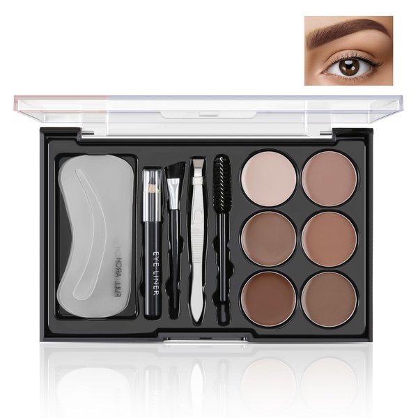 Boobeen Eyebrow Powder, 6-color Eyebrow Makeup Kit with 4 Eyebrow Stencils, 2 Eyebrow Brushes, 1 Eyebrow Pencil and 1 Tweezer, Waterproof Long Lasting Eyebrow Pomade to Define & Shape & Fill Brows