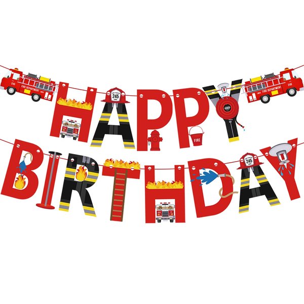Firetruck Happy Birthday Party Banner Firemen Birthday Party Bunting Banner Flag Garland for Kids and Adults Fire Truck Theme Birthday Party Supplies For Boys Firefighter Fire Engine Rescue Party Decortaions