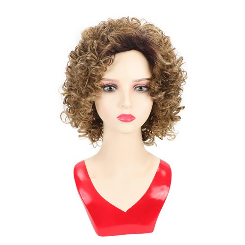 RENERSHOW Short Brown Curly Wigs for Women Mixed Blonde Synthetic Wig Bouncy Curly Hair Replacement Wig Ombre Curly Wig with Dark Roots