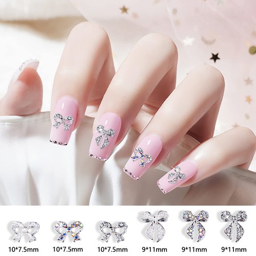 JERCLITY 30 Pieces Silver Bow Nail Charms Alloy Bow Charms Gems for Nails Bowknot Nail Studs Inlaid Pearl Clear Iridescent Rhinestone for Women Girls Nail Art