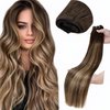 LaaVoo Brown Weft Hair Extensions Human Hair 20 Inch Balayage Medium Brown Fading to Caramel Blonde Sew in Hair Extension Real Human Hair Natural Real Hair Extensions Weft Long Straight 100g