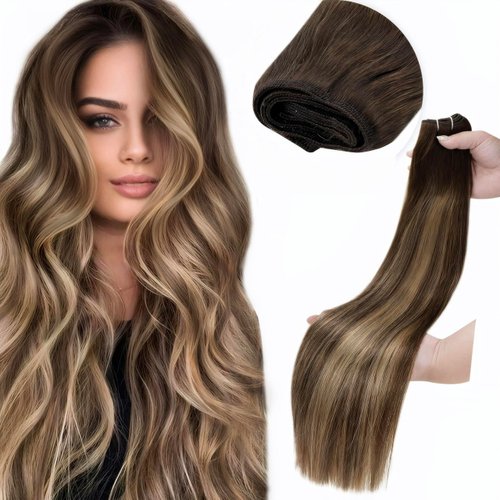 LaaVoo Brown Weft Hair Extensions Human Hair 20 Inch Balayage Medium Brown Fading to Caramel Blonde Sew in Hair Extension Real Human Hair Natural Real Hair Extensions Weft Long Straight 100g