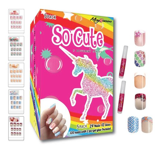 MayQueen 120 PCS 5 Pack Children Artificial Fake Nails With Two Glues Full Cover False Nail Kits for Kids (So Cute)