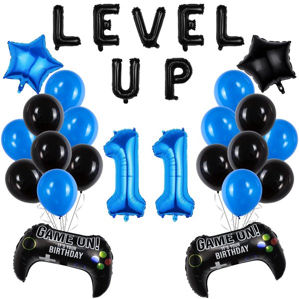 Video Game Birthday Party Set, Level Up 11 Video Game Balloons Controller Balloons Blue Black Stars Aluminum Foil Balloons Kit Decorations (11TH)