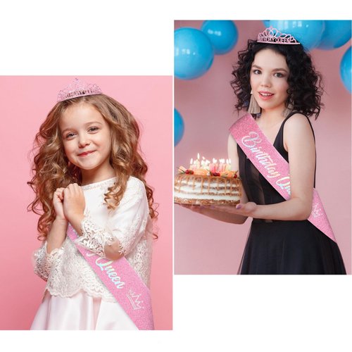 CIEHER Pink Birthday Crown and Birthday Sash Set, Birthday Queen Crown for Women Girls Birthday Sashes Birthday Tiara Birthday Decorations