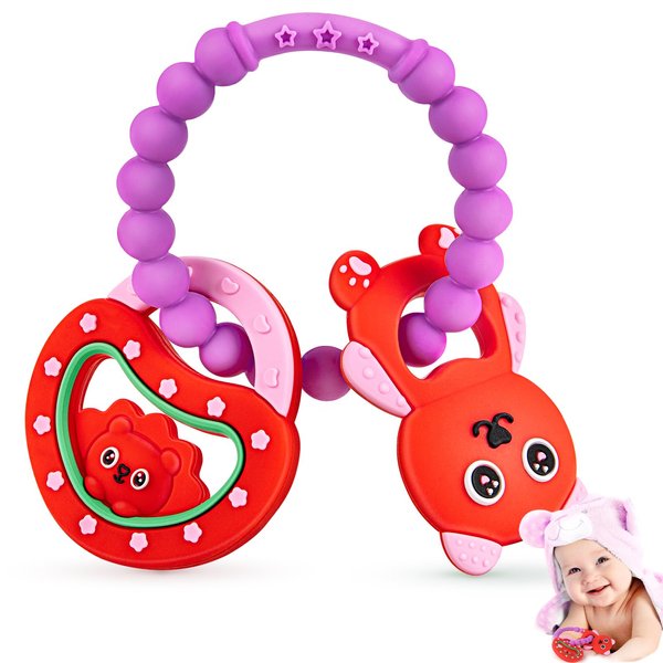 NPET Baby Valentines Teething Toy, Cute Bear & Red Heart Teeting Ring Infant Baby Teething, Sore Gums Relief Infant Toys Valentines Birthday Gift Chocking-Prove Design Baby Teething Chew Toys Bpa-Free