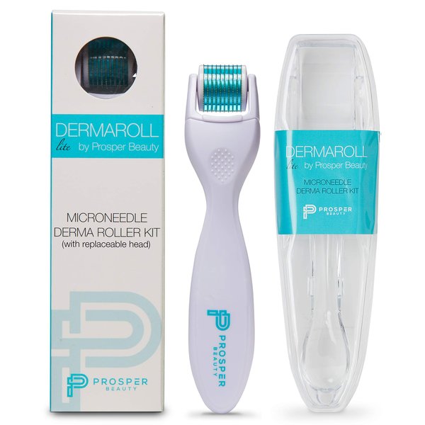 Derma Roller Microneedle Kit [DERMAROLL LITE 0.25mm by Prosper Beauty] Face Roller with Replaceable Head Exfoliation Microdermabrasion Micro Derma Skin Care Tool Dermaplaning Microneedling