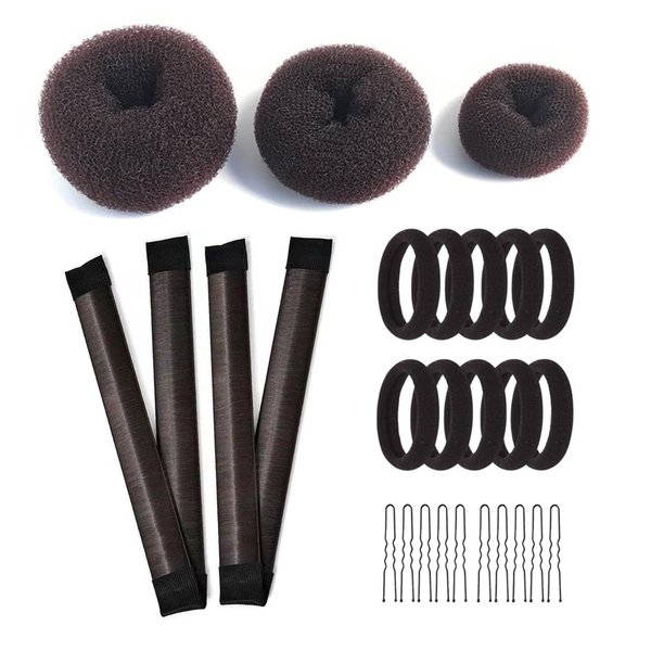 Hair Bun Shaper Set, include 3 pieces Bun Donut, 2 pieces French twist hair fold wrap snaps, 10 pieces Bobby pins and 10 pieces Elastic Bands for Women Kids Hair Bun Maker Kit – Chocolate Brown Color