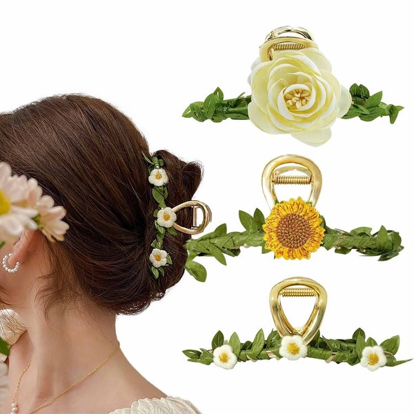 3PCS Flower Hair Claw Clip, Cute Metal Shark Clip Non Slip Hair Clamp Hair Barrette for Women Girls