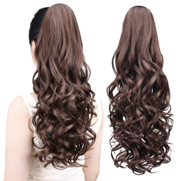 Tiklans Brown Ponytail Extension,22" Clip in Ponytail Extension for Women Long Ponytail Hair Extension Synthetic Heat Friendly Fiber for Girls