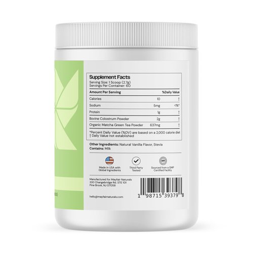 Mayfair Naturals Grass-Fed Bovine Colostrum Supplement with Matcha Green Tea Powder, for Kids & Adults, Immune System Support, Gut Health and Muscle Recovery, 60 Servings