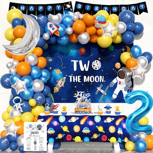 Fiesec Two The Moon Birthday Decorations Boy, 2nd Birthday Decorations for Boy, Outer Space Backdrop Balloon Banner Tablecloth Cake Cupcake Topper Poster for Boys 2 Years old Birthday Party Supplies