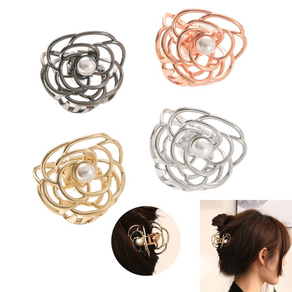 KISSKIKO Mini Rose Flower Hair Claw Clips for Women 2 Inch Cute Pearl Small Hair Clip | 4 Pcs Metal Nonslip Headdress Gold Silver Women and Girls Fine Hair Fancy Horsetail Clip