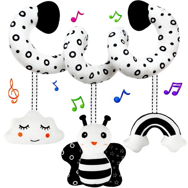 FNQUTOY Car Seat Toys Stroller Spiral Hanging Stroller Black and White High Contrast Baby Toys for Newborn,Infant Plush Activity Sensory Toys for 0 2 4 6 8 10 12 Months Boys Girls(Bee)