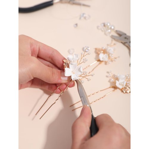 SELFCLOUD Handmade Pearl Bridal Wedding Hair Pins, 6Pcs White Flower Gold Leaf Pearls Clips Headpiece Accessories Jewelry for Bridesmaids Party Piece Women and Girls Blossoms