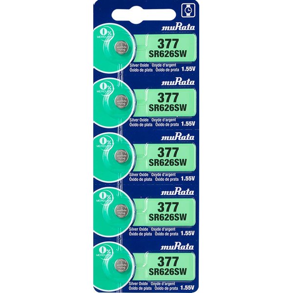 Murata 377 Battery SR626SW 1.55V Silver Oxide Watch Button Cell (5 Batteries)