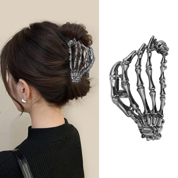 Halloween Hair Claw Clips, Skeleton Hand Hair Clips, Metal Black Claw Clips Skull Jaw Clips Hair Clamps Hair Barrettes Hair Accessories for Women Girls Thick Thin Hair Cosplay Halloween Decorations