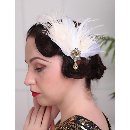 Teyglen 1920s Feather Headpiece Feather Hair Clip Pin with Crystal Feather Flapper Headband Prom Party Hair Accessories for Women (Champagne)
