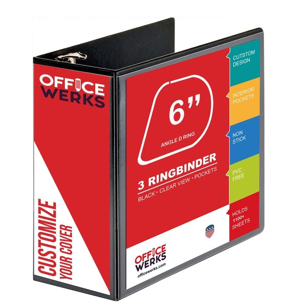 3 Ring Binder, 6 Inch Capacity D Ring Binders, 8.5" x 11" Presentation Folder View Binder with Pockets, Durable Non-Stick Customizable Clear View Cover for Documents, Files, Projects (Black)