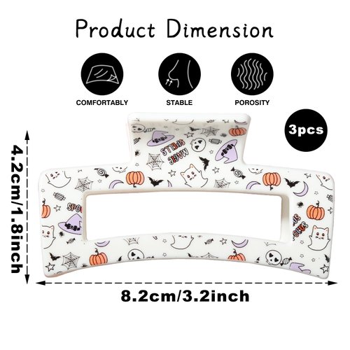 Halloween Hair Bows Clips Square Shark Hair Claw Clip Milk White Spider Silk Ghost Evil Spirit Bow-knot Hair Clips for Thick Thin Hair Nonslip Alligator Clip Halloween Hair Accessories 3Pcs