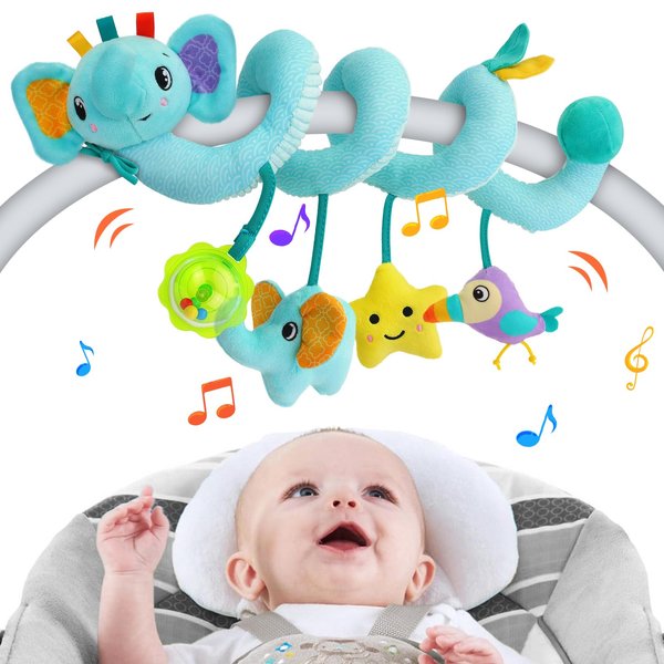 Spiral Car Seat Activity Toy, Stroller Arch Toy, Baby Crib Toys Hanging for Infant Boy Girl Ages 0-12 Months, Newborn Sensory Toy with Rattle, Squeaky, Ringing Bell for Bassinet, Stroller, Crib
