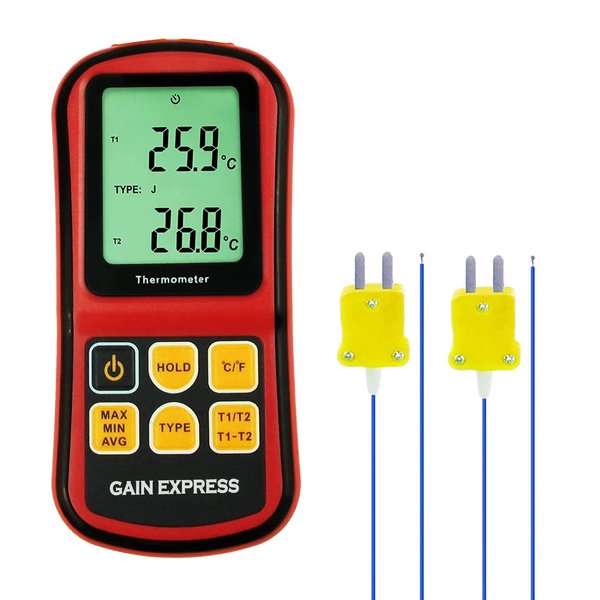 Digital K Type Thermometer 2 Channel K/J/T/E/R/S/N Type Thermocouple Thermometer Temperature Meter HVAC Meter with Backlight LCD Display