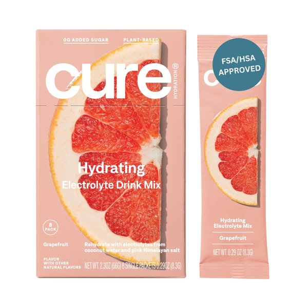 Cure Hydration | Plant-Based Electrolyte Drink Mix | No Added Sugar | Dehydration Relief Powder Made with Coconut Water | Non-GMO | Vegan | FSA & HSA | Box of 8 Packets - Grapefruit