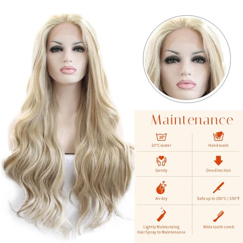 AFBeauty Platinum Blonde Wig Lace Front Wigs Pre Plucked Long Highlight Blonde Body Wave Colorful Wig for Women Loose Wavy Glueless Lace Wig Colored Synthetic Heat Resistant Fiber White 24 Inches