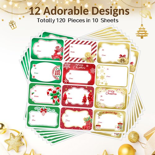 120Pcs Foil Christmas Gift Tags Stickers for Presents, 12 Jumbo Designs, Sooez Self Adhesive to and from Labels, Xmas Peel and Stick Gift Name Tags, Festival Holiday Christmas Wrapping Accessories