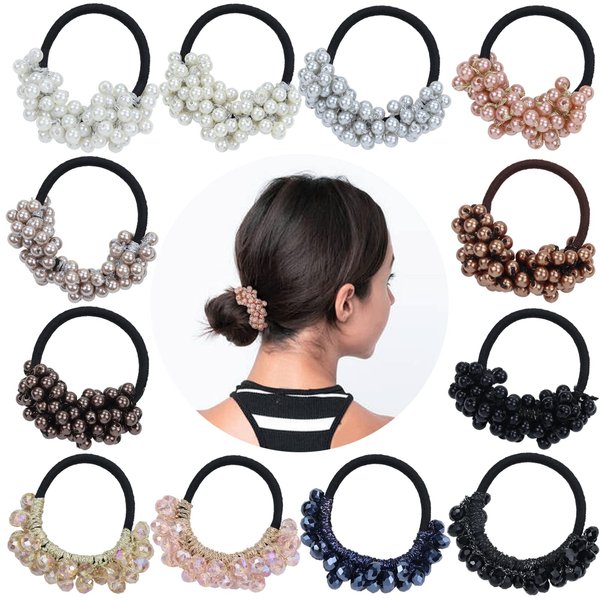 Cinaci 12 Pack Glitter Pearl Crystal Hair Scrunchies Stretchy Hair Ties Elastics Rubber Bands Ponytail Holders Hairbands Accessories for Women Girls Multi-colored