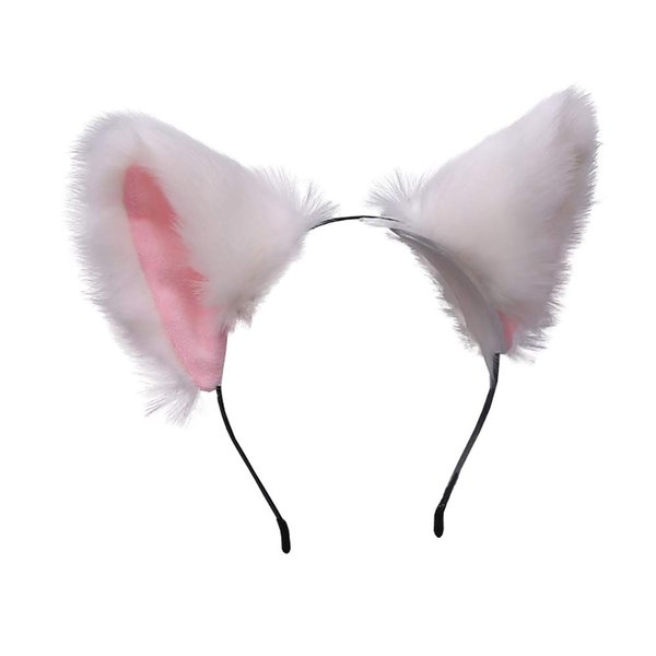 ccHuDE Cute Cat Ears Headband Long Fur Fox Ears Cosplay Headband with Bells Headwear Hairband for Party Costume Halloween Hairhoop White Pink