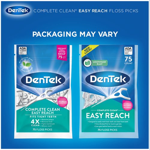 DenTek Complete Clean | Easy Reach Angled Floss Picks | No Break & No Shred Floss | Designed for Hard to Reach Molars | Y-Shaped Pick | 75 Count in Each (Pack of 5)