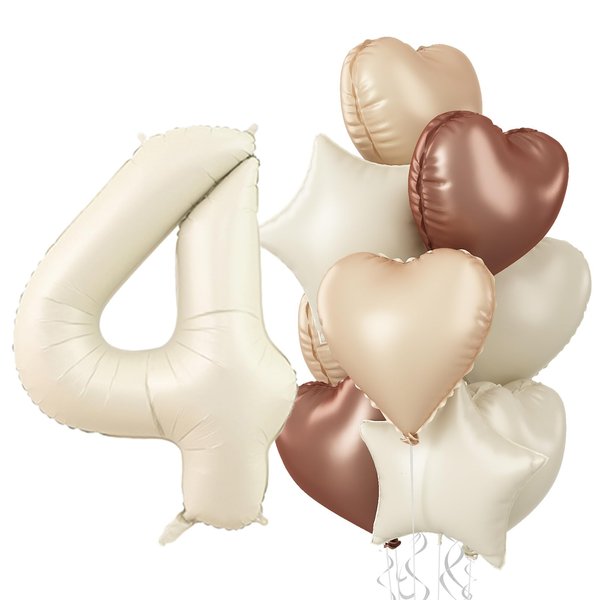 Cream 4 Balloons Decor, Beige Nude Apricot Brown Tan Foil Star Heart Balloons, 40'' White Sand Helium Neutral Number 4 Balloon Set for Girls 4th Birthday Wedding Anniversary Party Decoration Supplies