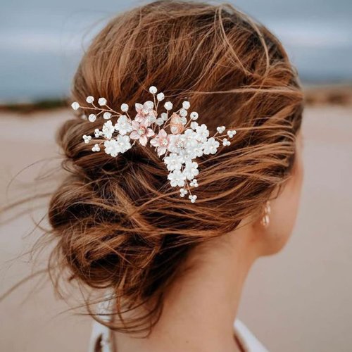 Urieo Wedding Flower Rhinestone Hair Comb Rose Gold Pearl Bride Hair Side Combs Bridal Sparkly Crystal Hair Accessories for Women and Girls