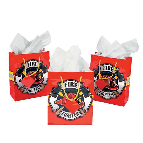 Fun Express Firefighter Gift Favor Bags with Tags (set of 12) Firemen Party Supplies