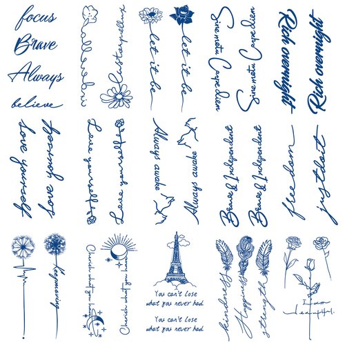 Tiny Fake Tattoos, 15-Sheet Semi-permanent English Temporary Tattoos, Tiny Inspirational Quotes Words Tattoos for Adult Women Face Body Hand