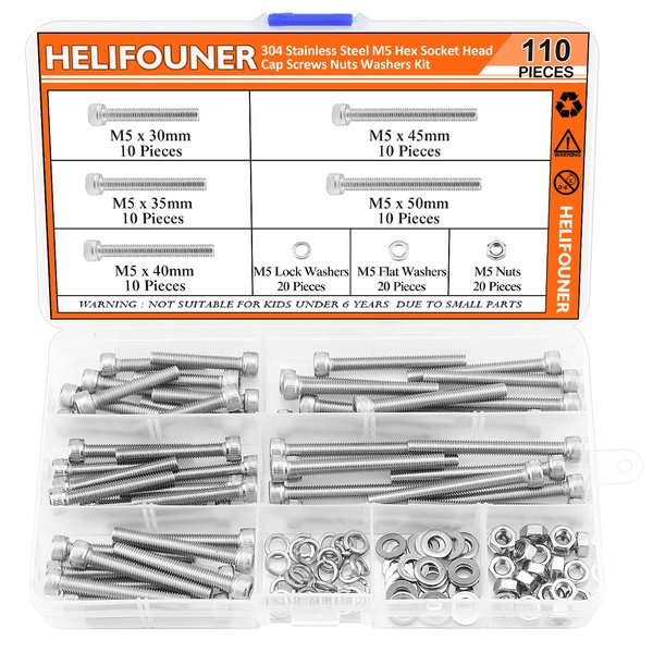 HELIFOUNER 110 Pieces M5 x 30mm /35mm /40mm /45mm /50mm, Hex Socket Head Cap Metric Screws Bolts Washers Nuts Kit, 304 Stainless Steel