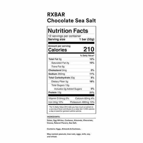RXBAR Protein Bars, Protein Snack, Snack Bars, Chocolate Sea Salt, 22oz Box (12 Bars)