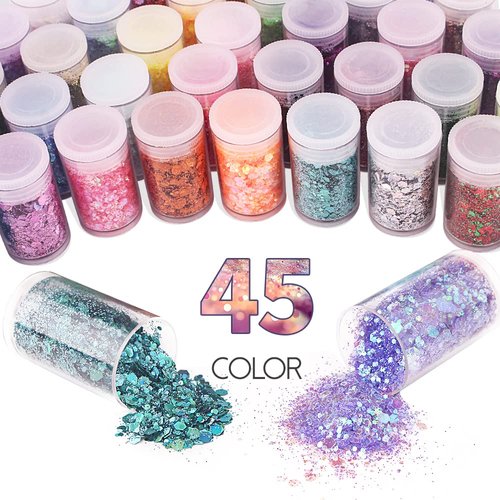 Holographic Chunky and Fine Glitter Mix, 45 Colors Festival Sequins & Glitter Powder, Iridescent Glitter Flakes, Cosmetic Face Body Eye Hair Nail Art Resin Tumbler Loose Glitter